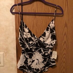 Black and white silk tank floral tank top